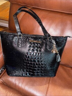 Brahmin Black Croc-Embossed Leather Tote with Charm Accent